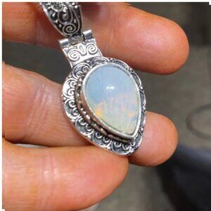 Boho Rainbow Moonstone Necklace Antiqued Silver Color Inverted Teardrop Pendant